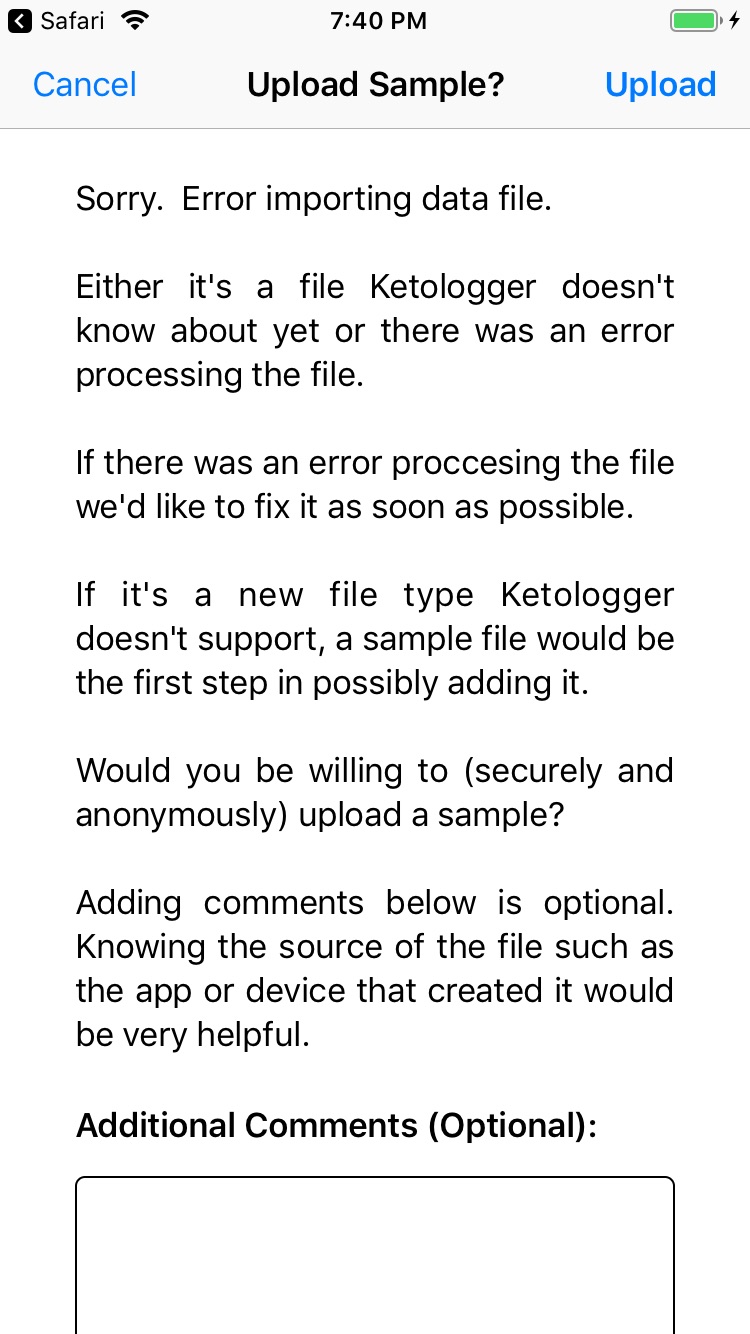 Ketologger upload sample data file.