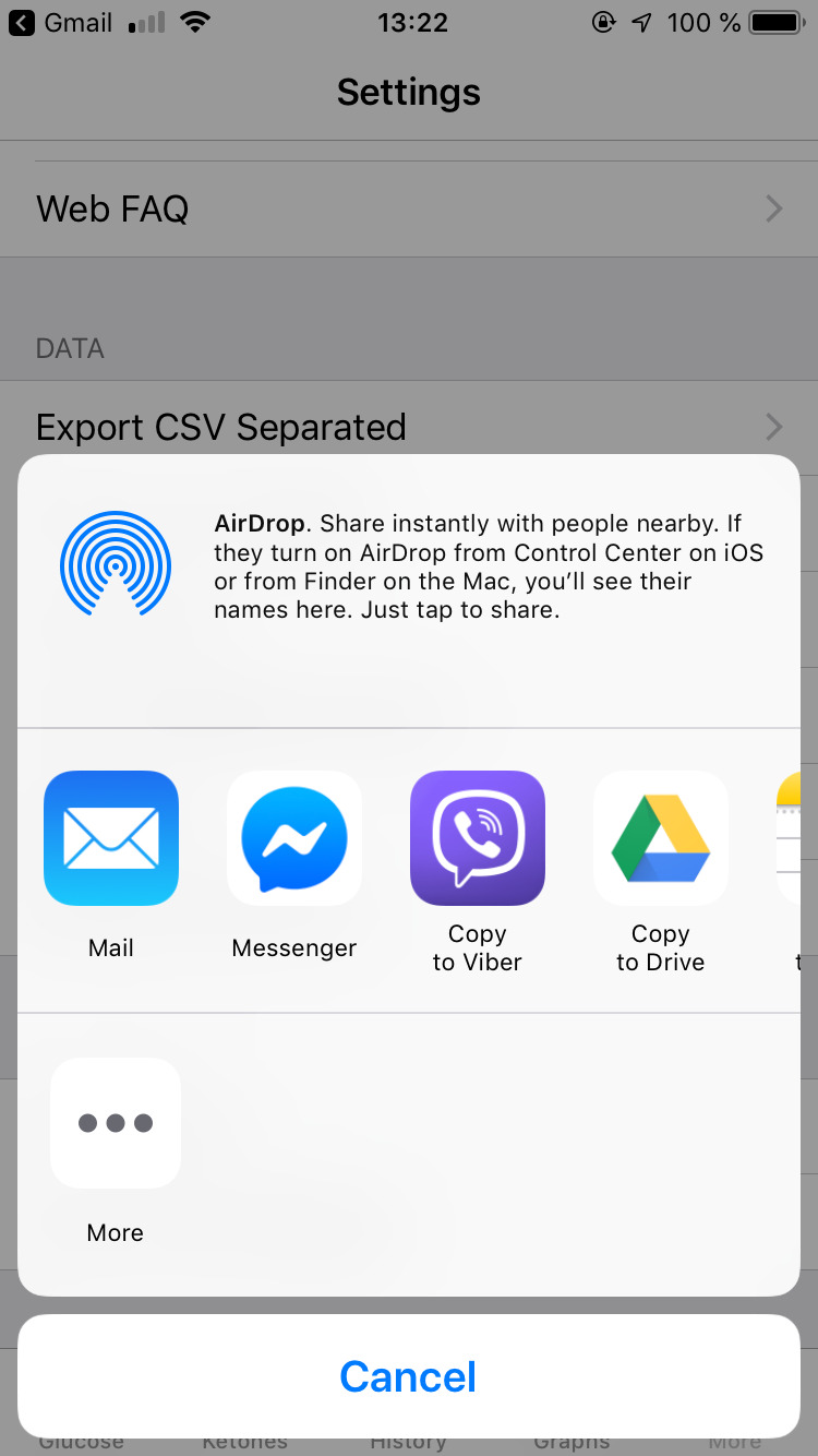 iOS share view.  Pick an app to export the data to/with.